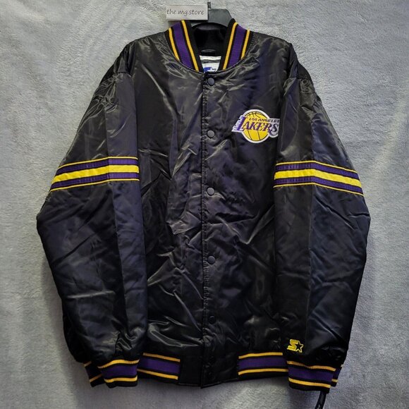Starter Los Angeles Lakers Black Satin  Varsity Full-Snap Jacket Men's Sz 3XL - Picture 1 of 6